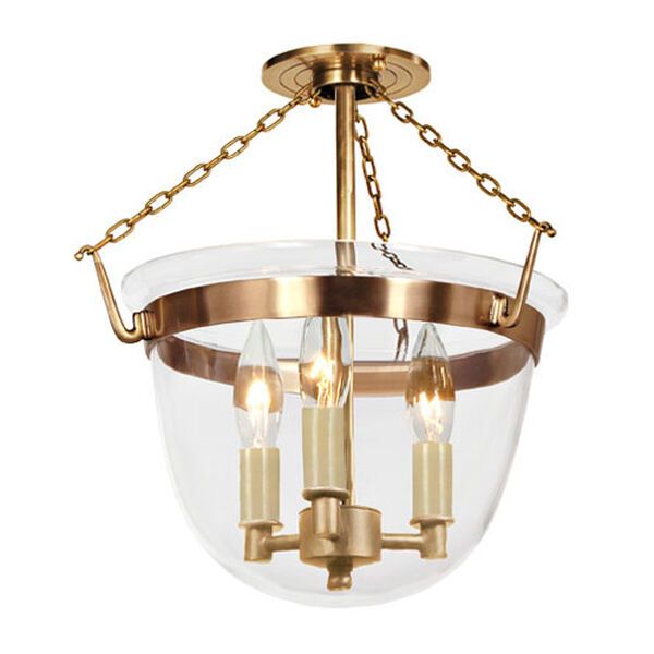 Small Rubbed Brass Three-Light Bell Semi-Flush with Clear Glass | Bellacor