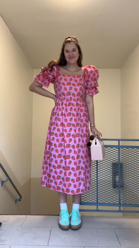 strawberry print and pink midi dress with puff sleeves, spring / summer, Amazon Essentials Women's Casual Crew Socks, budget friendly, affordable, under $15, colorful clothing, work outfit, office look, adidas GAZELLE BOLD SHOES, mint and pink, comfy shoes, sneakers, color, light pink box bag, takeout bag, purse, gold jewelry (rings, earrings) from amazon, round metal ray ban sunglasses

#LTKstyletip #LTKfindsunder50 #LTKfindsunder100