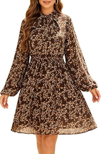 Women's Long Sleeve Bow Tie Smocked Chiffon Empire Waist Elegant Midi Dress | Lightweight Flowy A... | Amazon (US)