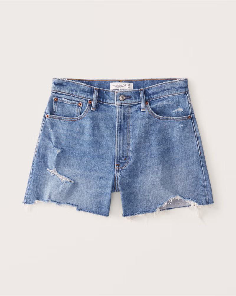 Abercrombie & Fitch Women's Curve Love High Rise 4 Inch Mom Shorts in Medium Ripped Wash - Size 32 | Abercrombie & Fitch (US)