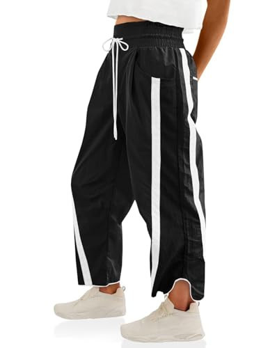 Putysenxi Sweat Pants for Womens Wide Leg Pant Casual Drawstring Elastic Waisted Striped Workout Track Pants with Pockets Black | Amazon (US)