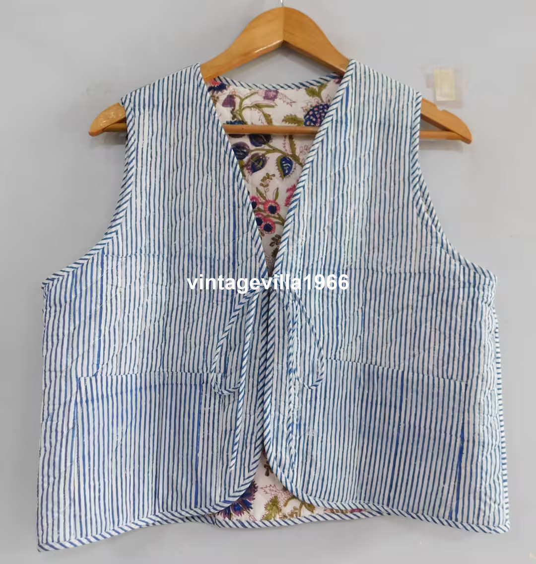 Cotton Vest Coat, Reversible Vest for Women, Striped Print Vest, Boho Hippie Short Jackets, Cotto... | Etsy (US)