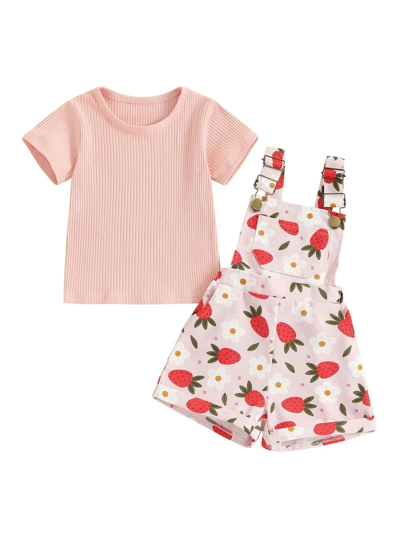 Bagilaanoe 2Pcs Toddler Baby Girl Overalls Shorts Set Ribbed Short Sleeve Tops + Suspender Short ... | Walmart (US)