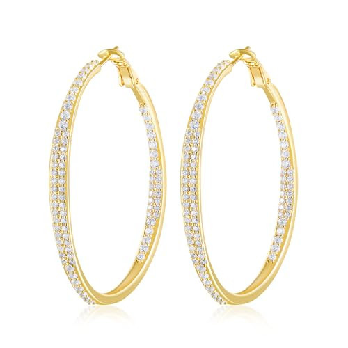 ZELAJEW Double-Sided Rhinestone Hoop Earrings for Women, 14K Gold Plated All-Around Sparkle Cubic Zirconia, Hypoallergenic 925 Sterling Silver Post, Lightweight Hoops for Daily Wear Party Wedding (Yellow Gold, 50 MM) | Amazon (US)