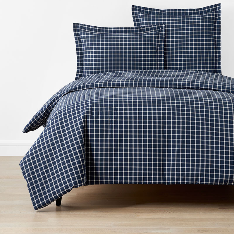 Classic Stripes and Plaids Cool Yarn-Dyed Cotton Percale Duvet Cover - Windowpane White/Navy, Ful... | The Company Store