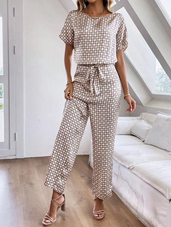 SHEIN Clasi Allover Print Batwing Sleeve Belted Jumpsuit | SHEIN