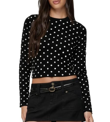 Seyumixi Polka Dot Tops for Women Y2K Long Sleeve Crop Top Vintage Cute Slim Fit Crew Neck Shirt Going Out Streetwear(Dots Black,L) | Amazon (US)