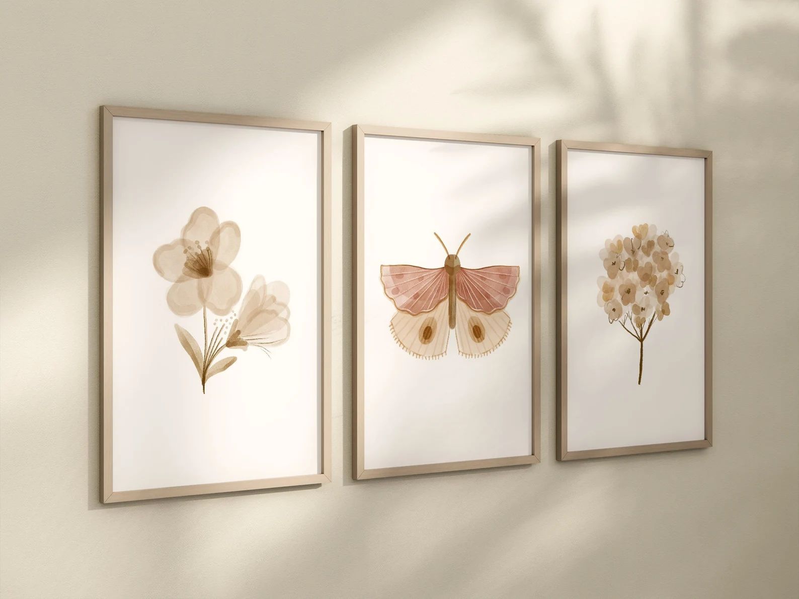Boho Butterfly Floral Set of 3 Nursery Art Prints, Butterfly Nursery Wall Art, Neutral Nursery De... | Etsy (US)