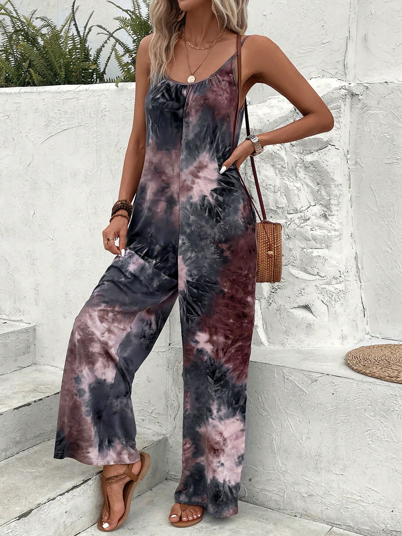 SHEIN LUNE Tie Dye Wide Leg Cami Jumpsuit | SHEIN