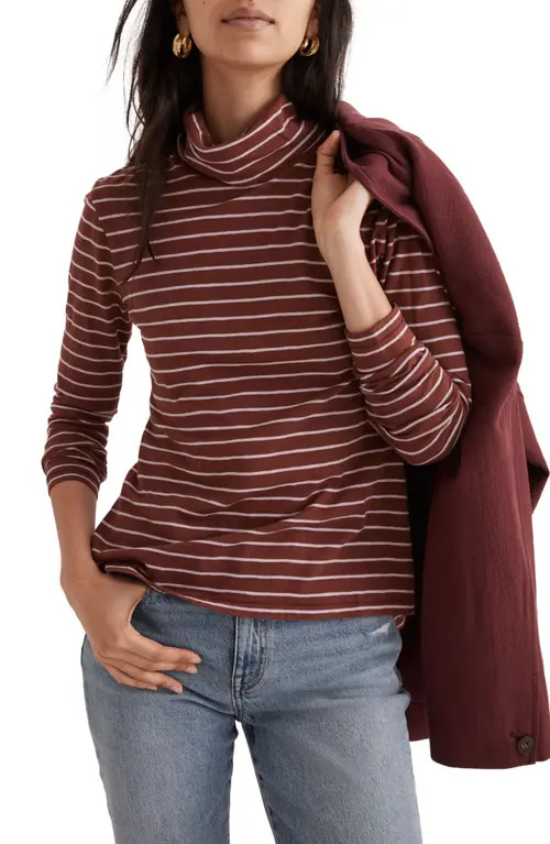 Madewell Whisper Cotton Stripe Turtleneck in Dark Merlot at Nordstrom, Size X-Large | Nordstrom