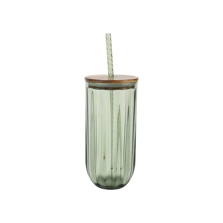 Better Homes & Gardens Fluted 21-Ounce Tritan Plastic Sipper and Straw with Acacia Wood Lid, Gree... | Walmart (US)