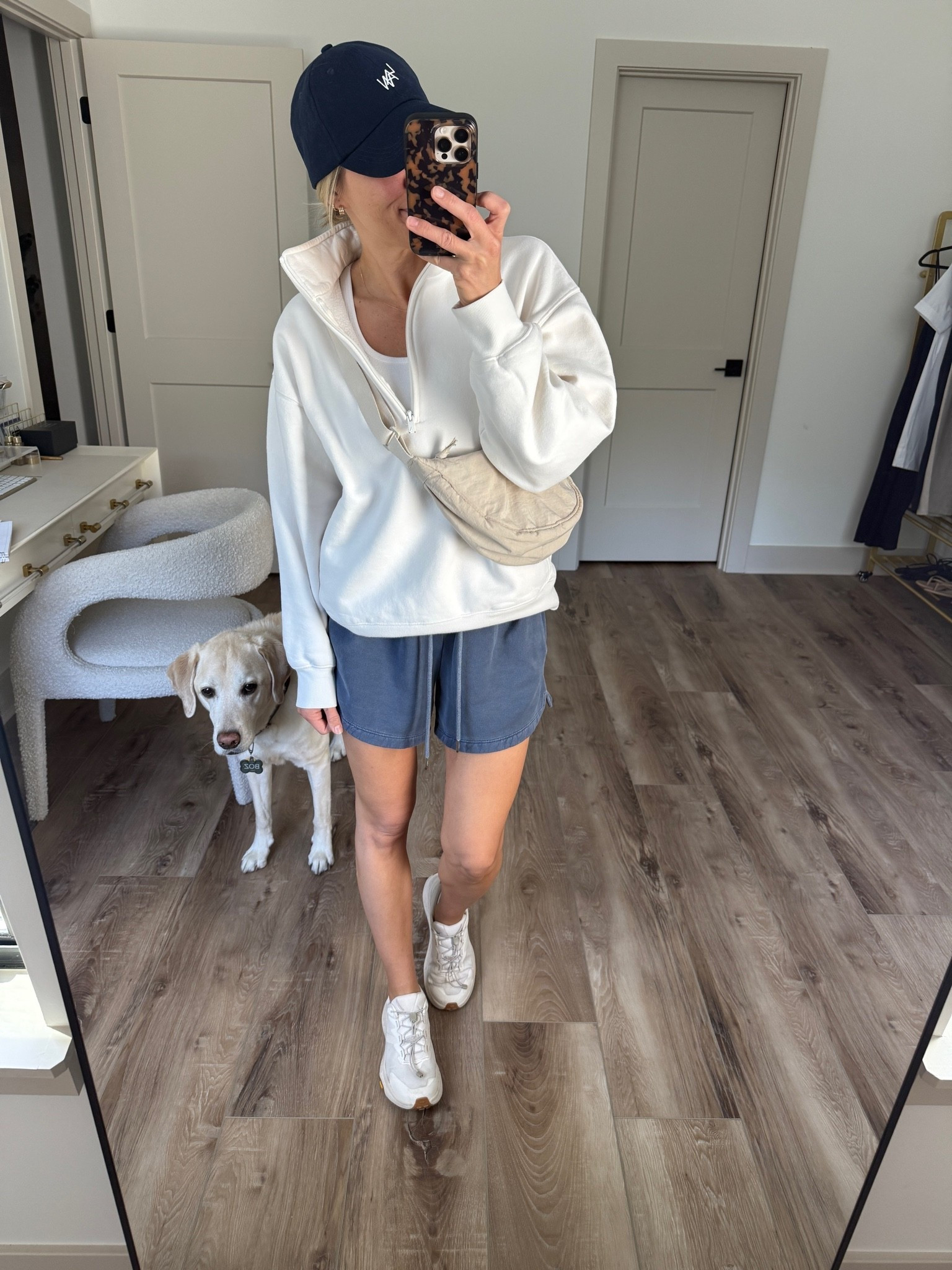 Wearing small shorts (old, linked similar), small sweatshirt, 2 tank, 8 sports bra, sneakers tts