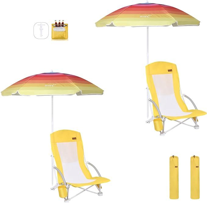 Nice C Beach Chair, Beach Chairs for Adults with Umbrella and Cooler, High Back, Cup Holder & Car... | Amazon (US)