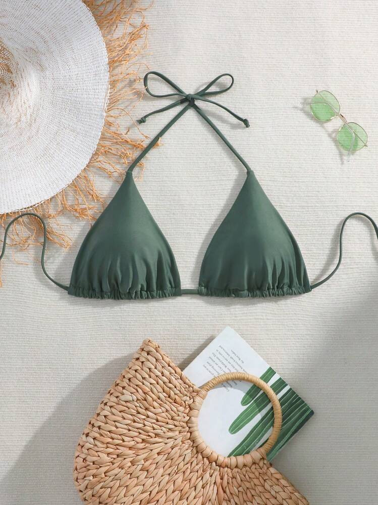 Swim Lushoire Plus Size Women Summer Beach Vacation Solid Color Minimalist Halter Neck Tie Bikini Triangle Cup Top | SHEIN