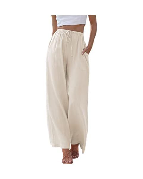 Women's Cotton Linen Summer Palazzo Pants Flowy Wide Leg Beach Trousers with Pockets | Amazon (US)