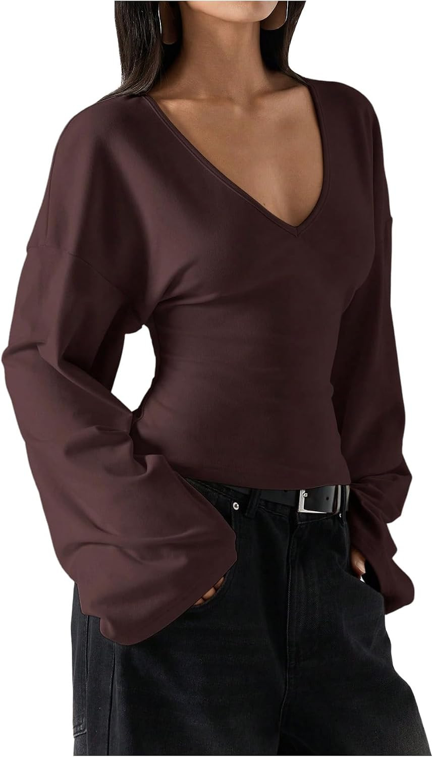 SOLY HUX Women's Cinched Waist Tops V Neck Long Bell Sleeve T Shirt | Amazon (US)