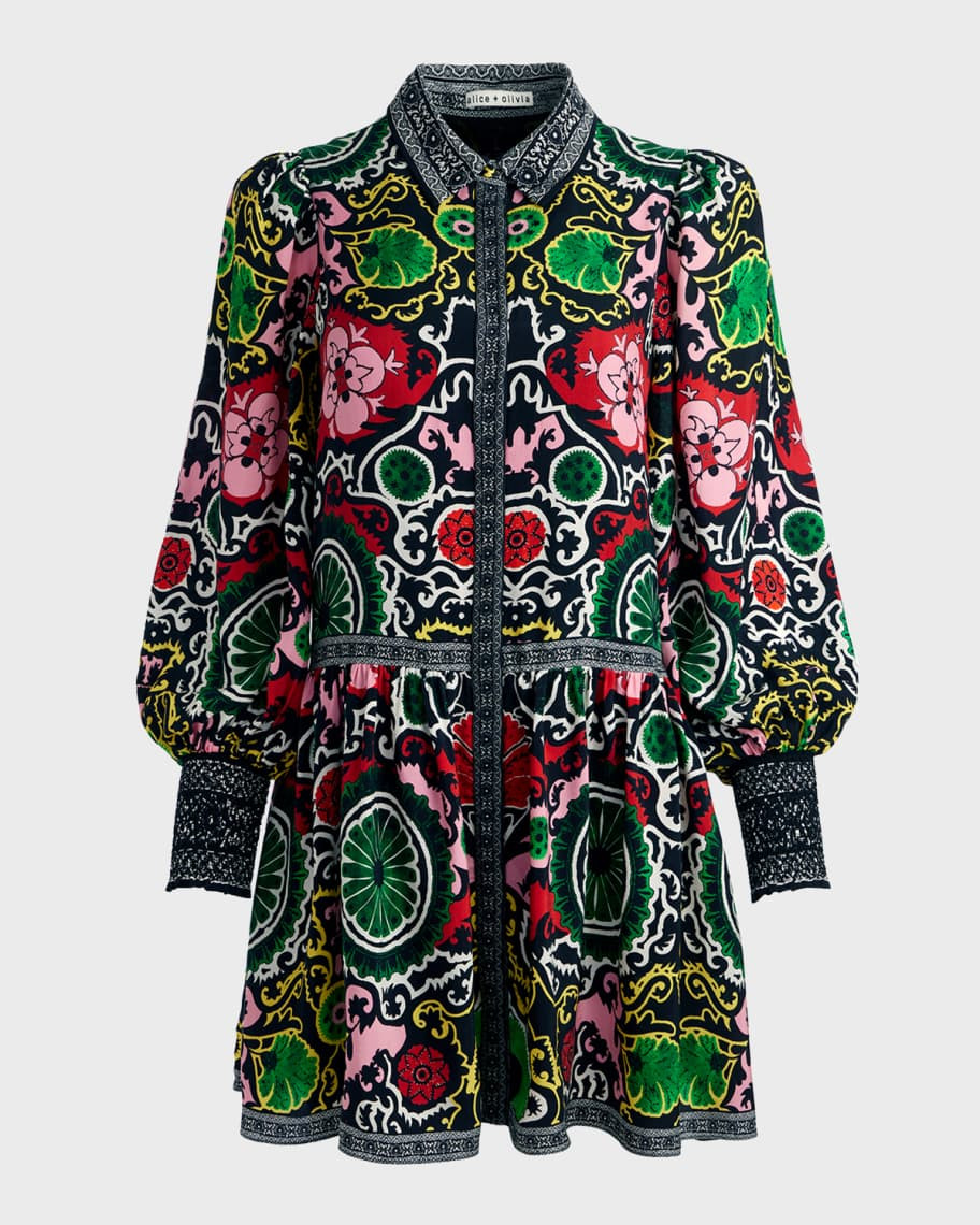 Alice + Olivia Bertha Blouson-Sleeve Mini Shirtdress | Neiman Marcus