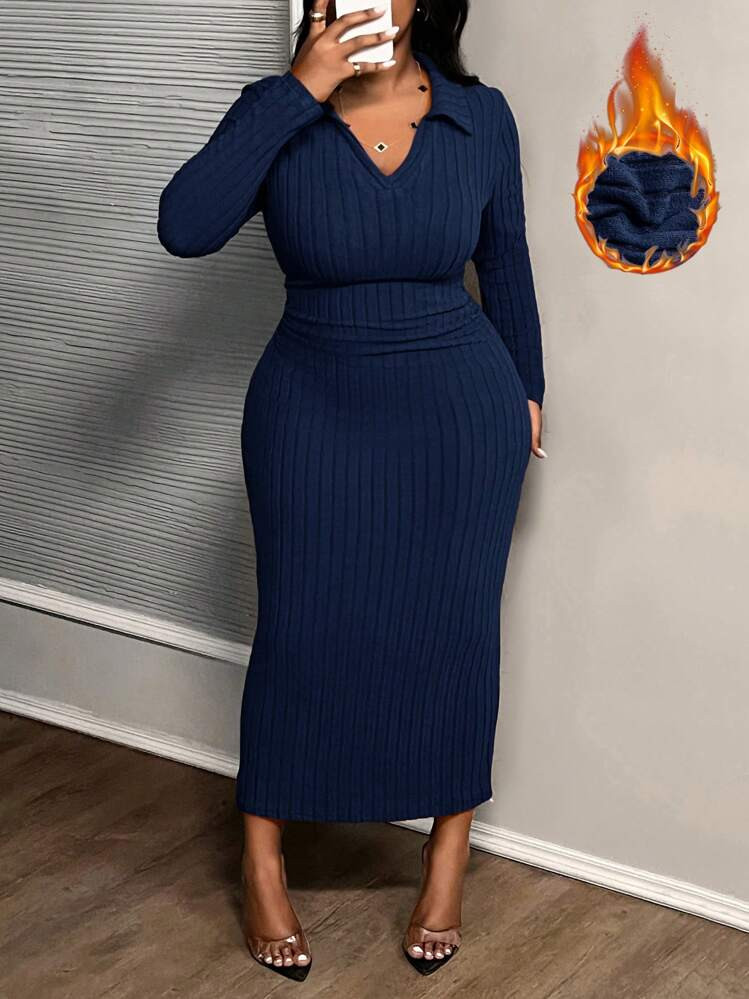 Slaydiva Elegant Casual Slim Fit Long Sleeve V-Neck Red Dress For Autumn/Winter, Plus Size | SHEIN