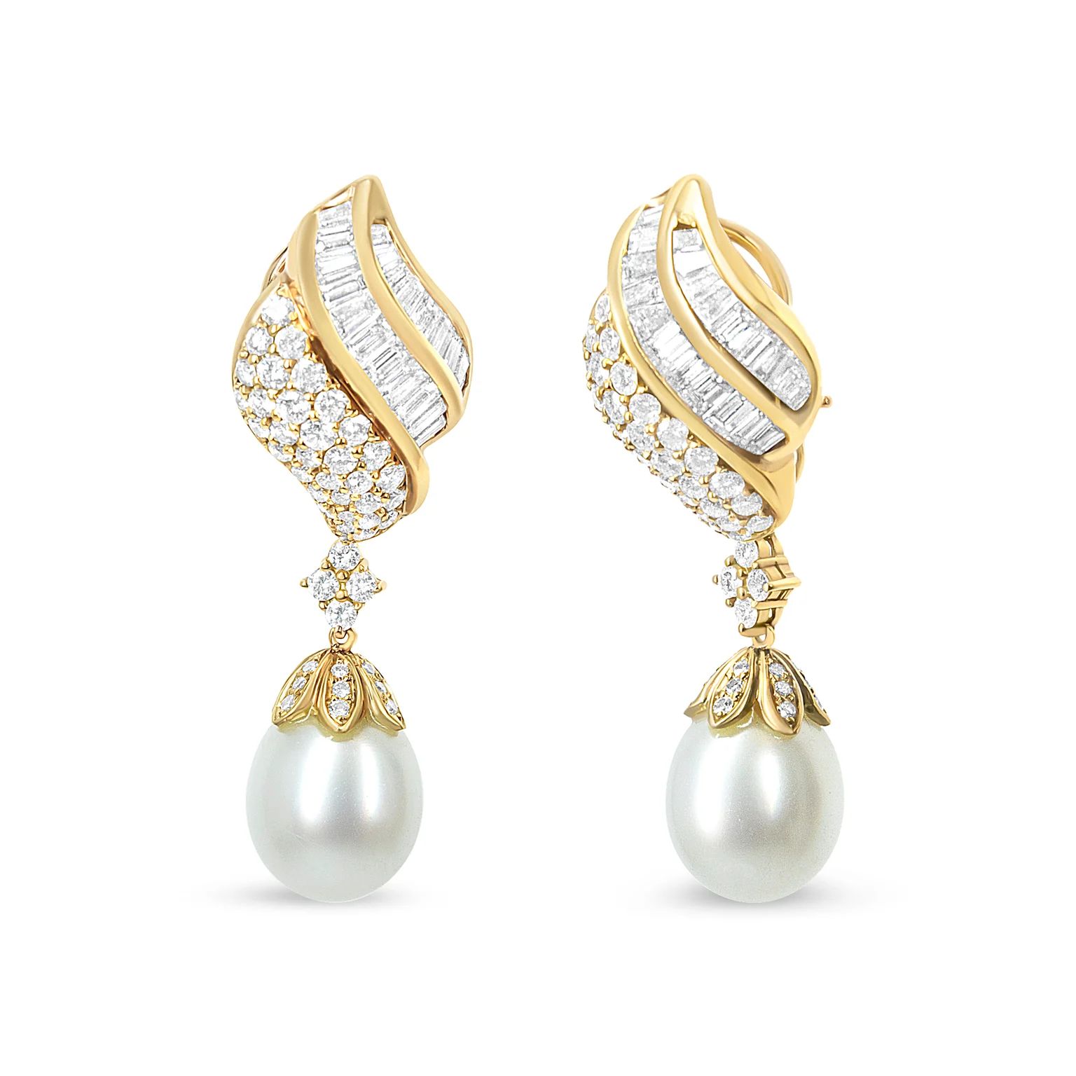 18k Yellow Gold 7.0 Cttw Baguette and Round Diamond South Sea Pearl Drop Dangle Clip-On Earrings ... | Verishop