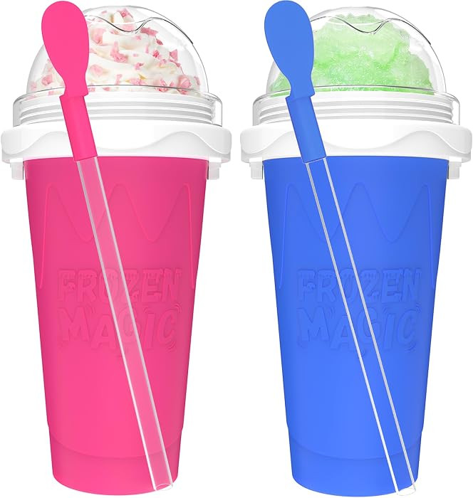 2PCS Slushie Maker Cup - DIY Magic Slushy Maker Squeeze Cup, Smoothie Squeeze Cup for Juices, Milk and Ice Cream Make, Double Layers Silicone Slushie Cup with Straw for Friends Gift Pink+Blue | Amazon (US)