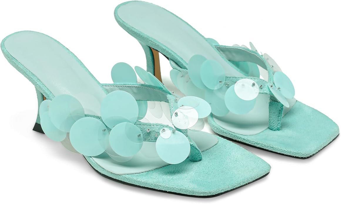 Black Flip Flop Heels Sandals for Women with Plastic Disc Straps Comfortable Slip on Open Toe Kit... | Amazon (US)