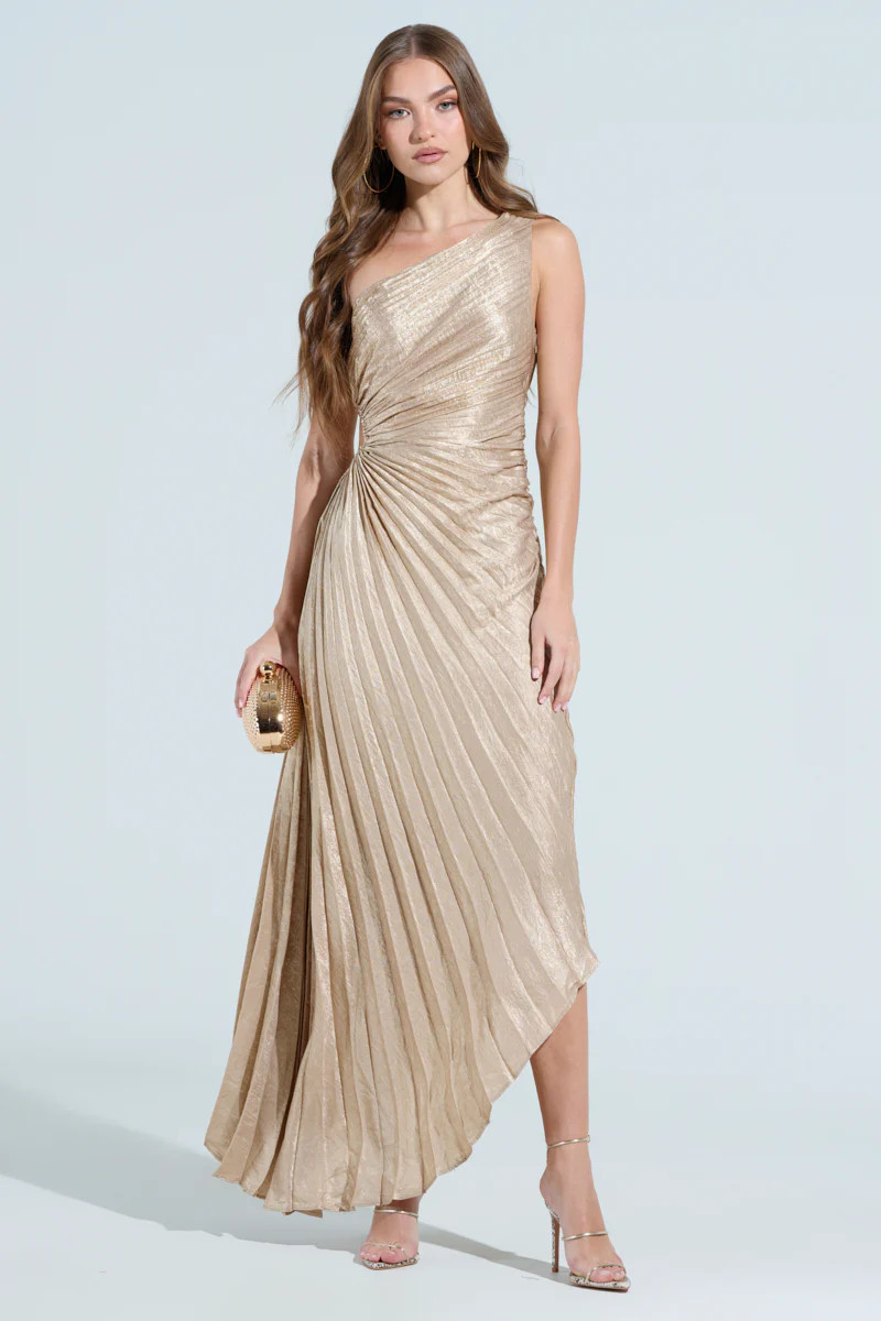 JULIETTE METALLIC PLEATED MIDI DRESS | AKIRA