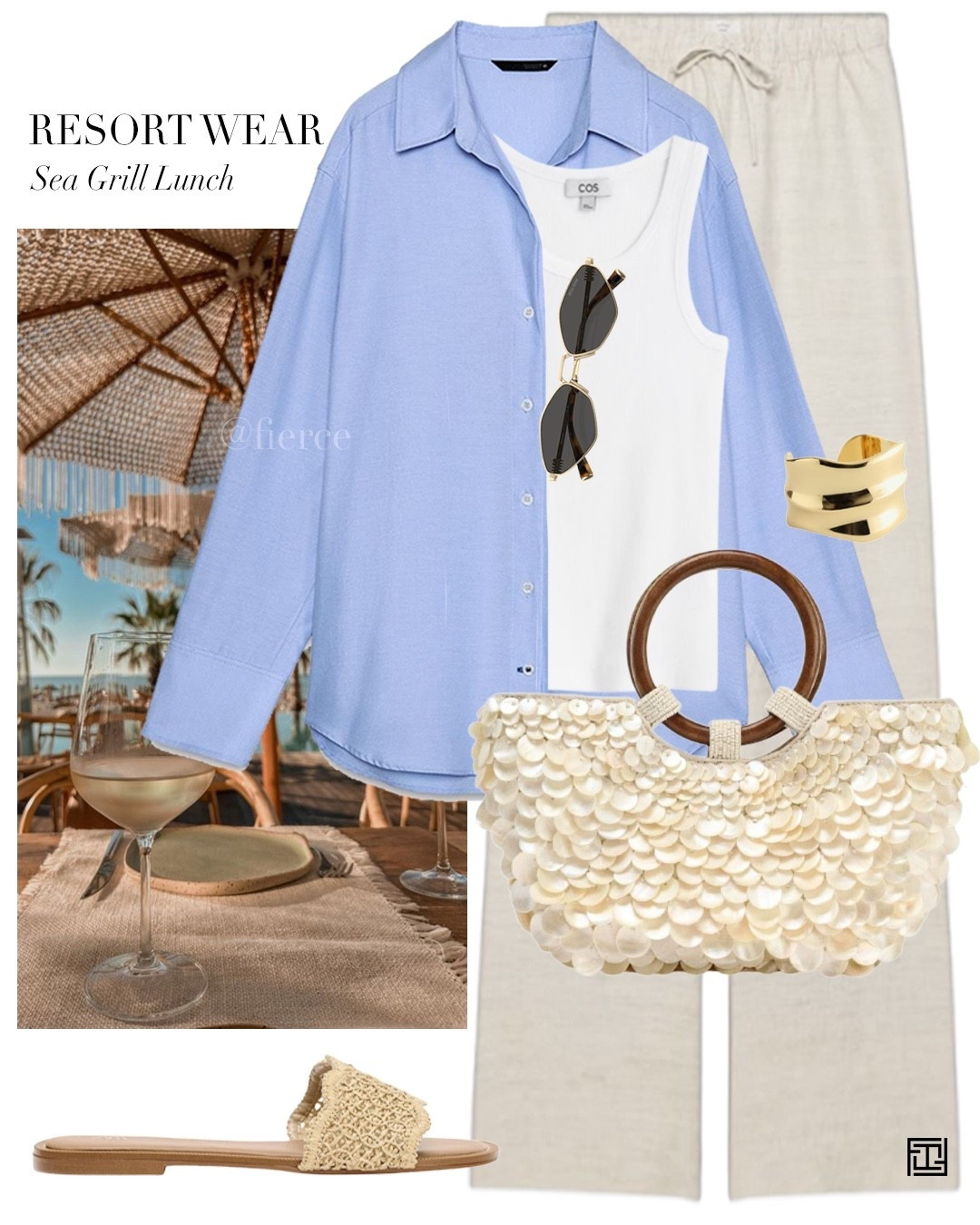 Blue shirt cream linen trousers white vest top embellished summer bag raffia sandals gold sunglasses resort wear vacation beach holiday 

#LTKuk #LTKeurope #LTKworkwear