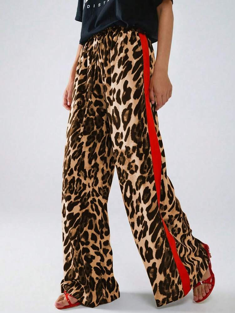 Women Leopard Print Color Block Loose Casual Long Pants, Everyday Wear | SHEIN