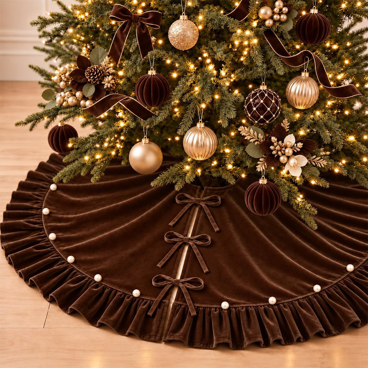 Christmas Tree Skirt,Velvet Tree Skirt with Ruffled Edge with Pearls, Classic Large Velvet Fur Plush Tree Skirt for Merry Christmas(Brown,48Inch) | Amazon (US)