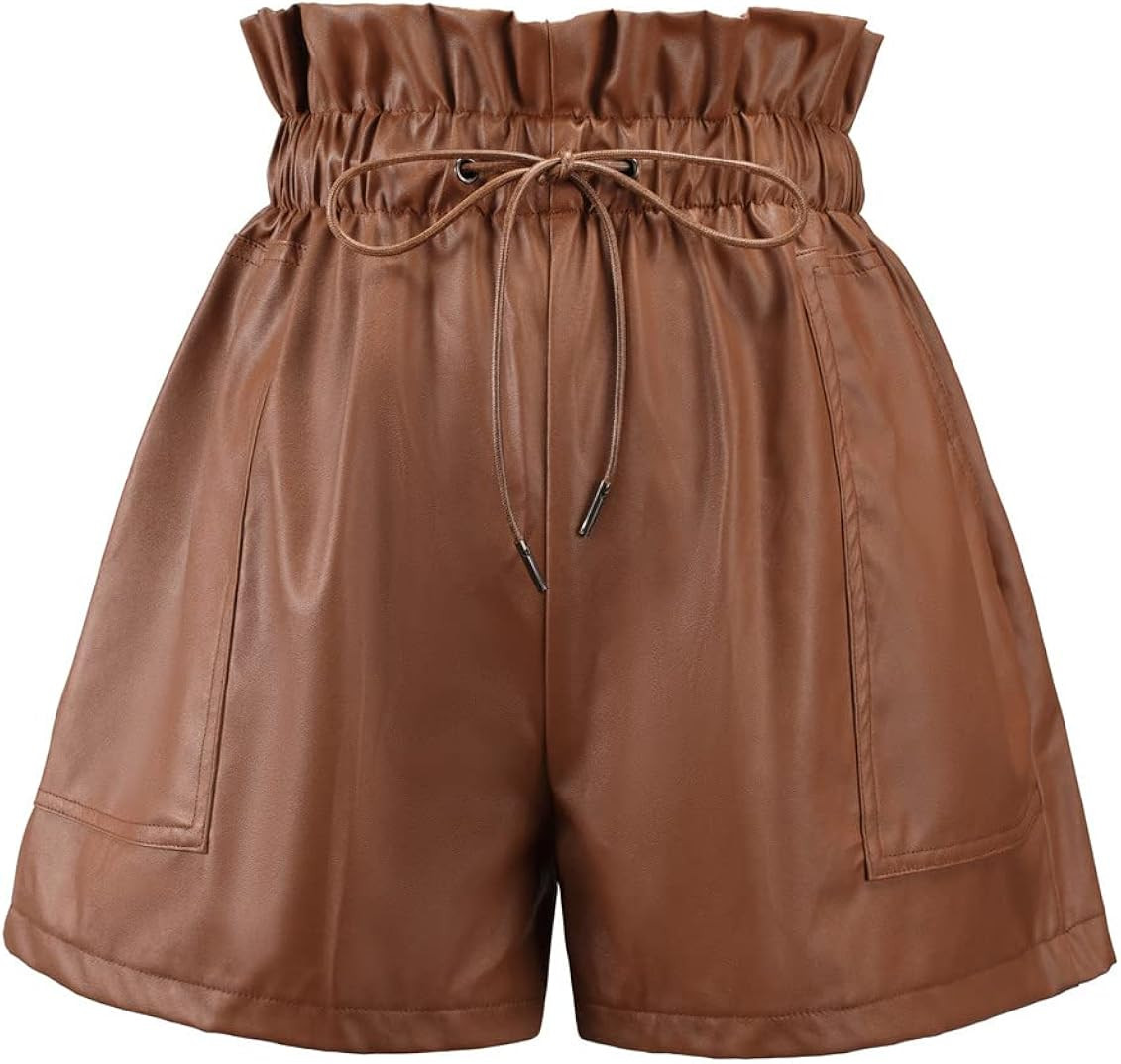 Anienaya Leather Shorts for Women Drawstring High Waisted Wide Leg Black Faux Leather Shorts with Po | Amazon (US)