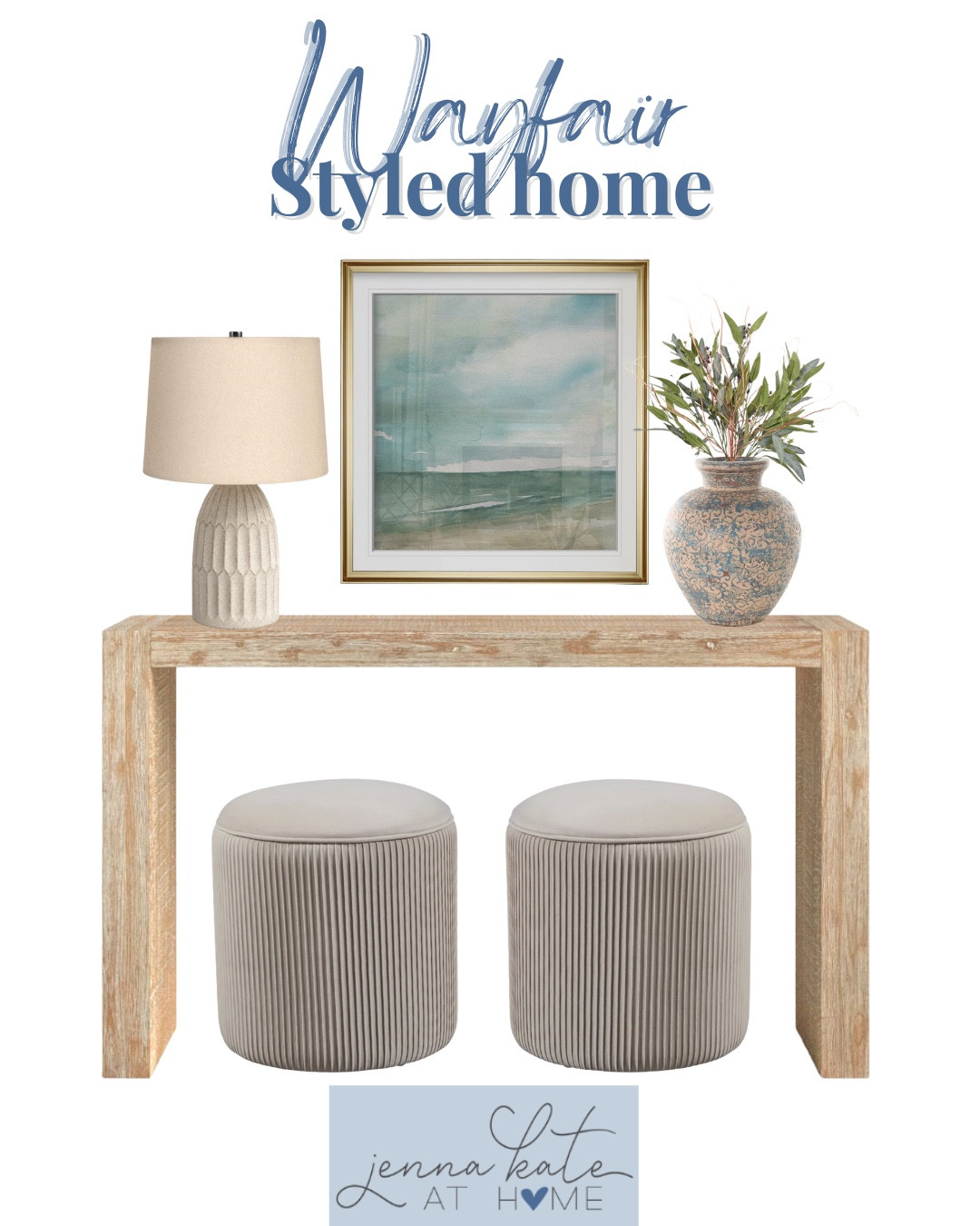 Wayfair styled entryway includes ottomans, console, vase, greenery stems, table lamp, and wall art.

Home decor, neutral decor, styled home, entrywayy

#LTKHome #LTKFindsUnder100 #LTKFindsUnder50