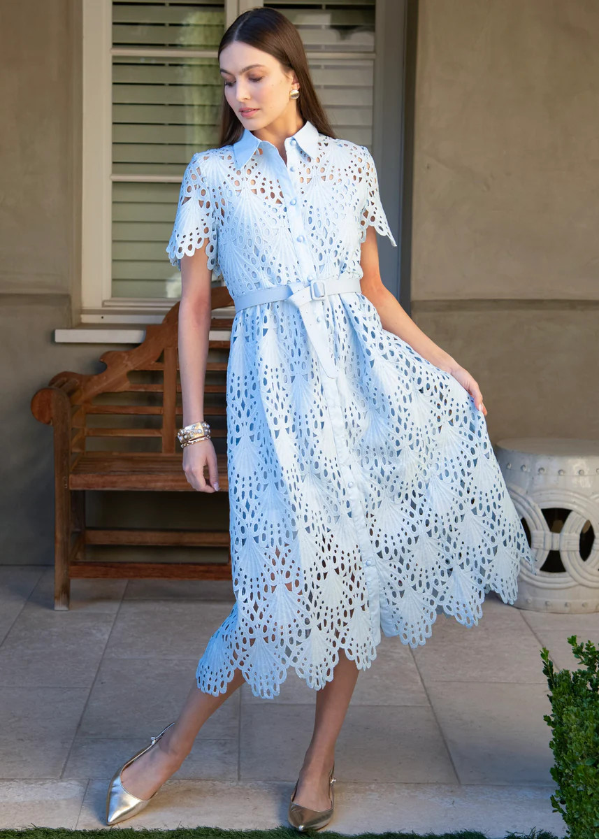 Robin Belted Short Sleeve Lace Midi Dress - Light Blue | Benaar La