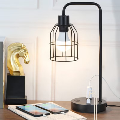 Oumilen Black Metal Nightstand Table Lamp with Cage Shade, USB Ports and AC Outlet | Target
