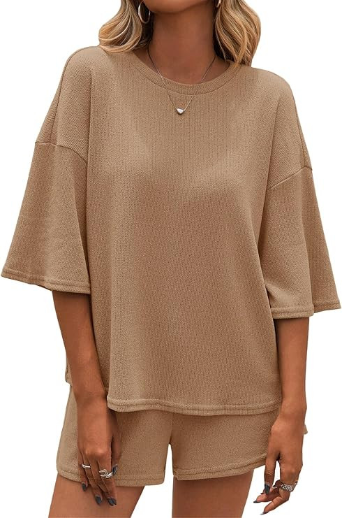Tankaneo Womens 2 Piece Outfits Sweater Set Lounge Sets 3/4 Sleeve Oversized Tops and Elastic Wai... | Amazon (US)