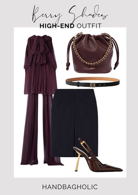 Berry shades add warmth and depth to outfits and this show-stopping YSL blouse l teamed with a pencil skirt is no exception. Finish with a super on-trend Loewe Flamenco bag and YSL high heels. #loewe #loeweflamenco #pencilskirt #eveningoutfit #ysl #eveninglook #datenight #datenightoutfit

#LTKstyletip #LTKSeasonal #LTKeurope