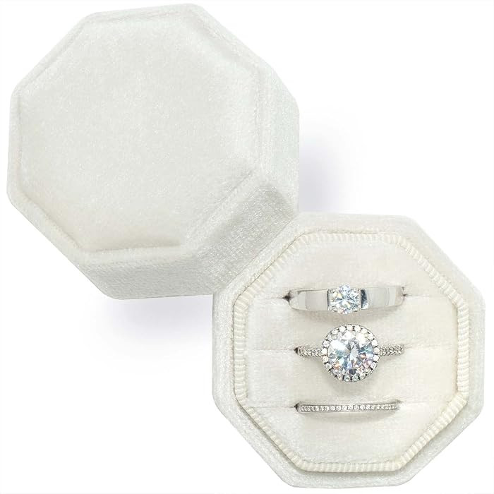 Velvet Ring Box 3 Slots - Octagon Premium Handmade Three Rings Slot Bearer Storage for Wedding Ce... | Amazon (US)