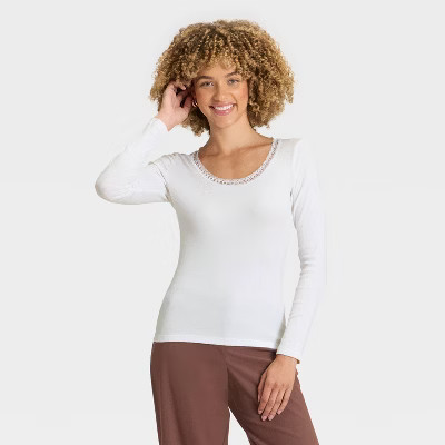 Women's Long Sleeve Lace Trim Scoop Neck Top - A New Day™ | Target