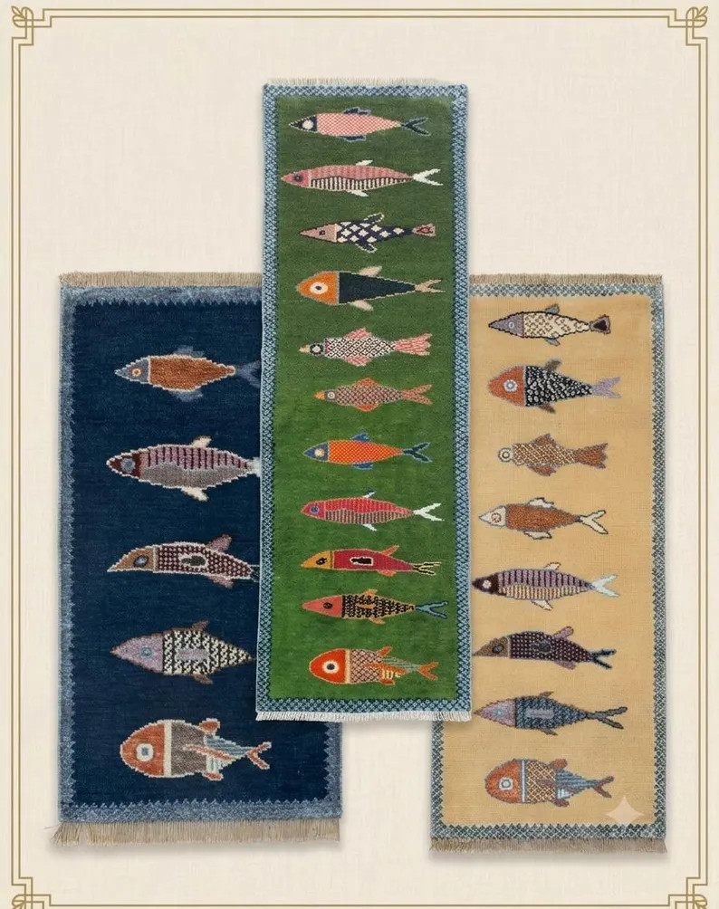Colorful Fish Runner Rug Handmade Fish Motif Wool Hallway Carpet | Etsy (Global)