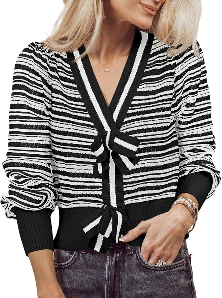 Saodimallsu Womens Striped Cropped Sweaters V Neck Cute Bow Tie Puff Sleeve Loose Knit Trendy Pul... | Amazon (US)