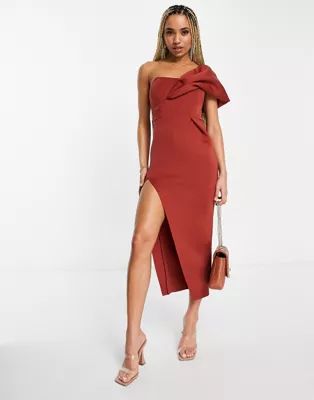 ASOS DESIGN one shoulder seamed bust midi dress with high leg slit picante | ASOS (Global)