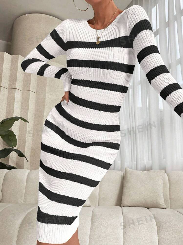 SHEIN Relaxiva Striped Pattern Bodycon Sweater Dress | SHEIN