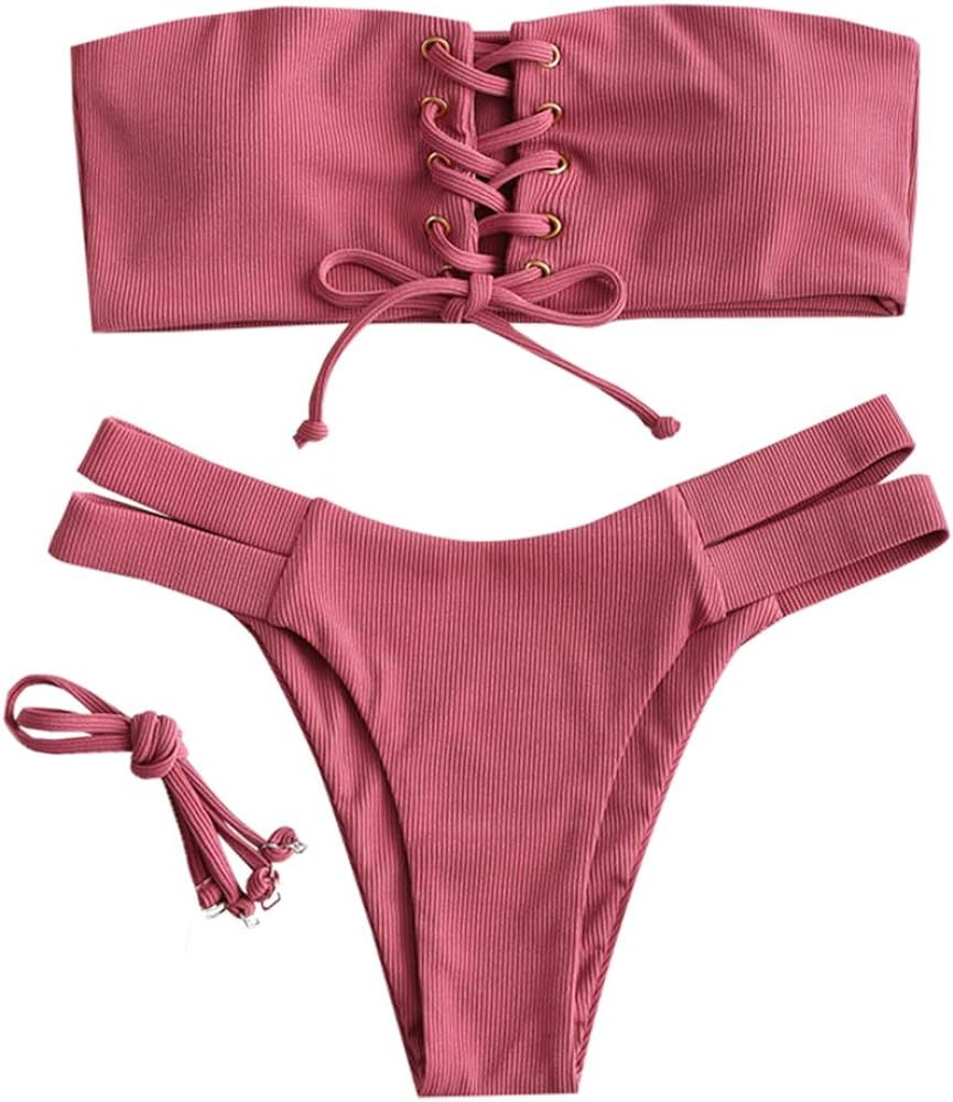 Amazon.com: ZAFUL Women's Strapless Ribbed Lace Up High Cut Two Piece Bandeau Bikini Set (ZA-Hot Pin | Amazon (US)