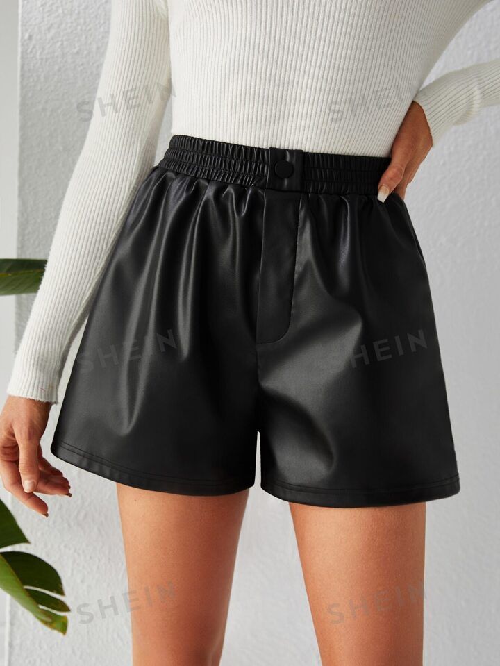 SHEIN Privé High Waist Button Detail PU Leather Wide Leg Shorts | SHEIN