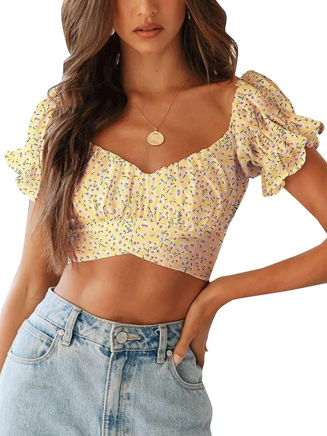 LYANER Women's Ruffle Short Sleeve Tie Up Back Crop Top Off Shoulder Bardot Blouse | Amazon (US)