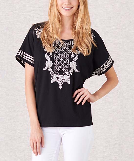 PAPARAZZI Women's Tee Shirts BLACK - Black Venetian Embroidered Scoop Neck Top - Women | Zulily