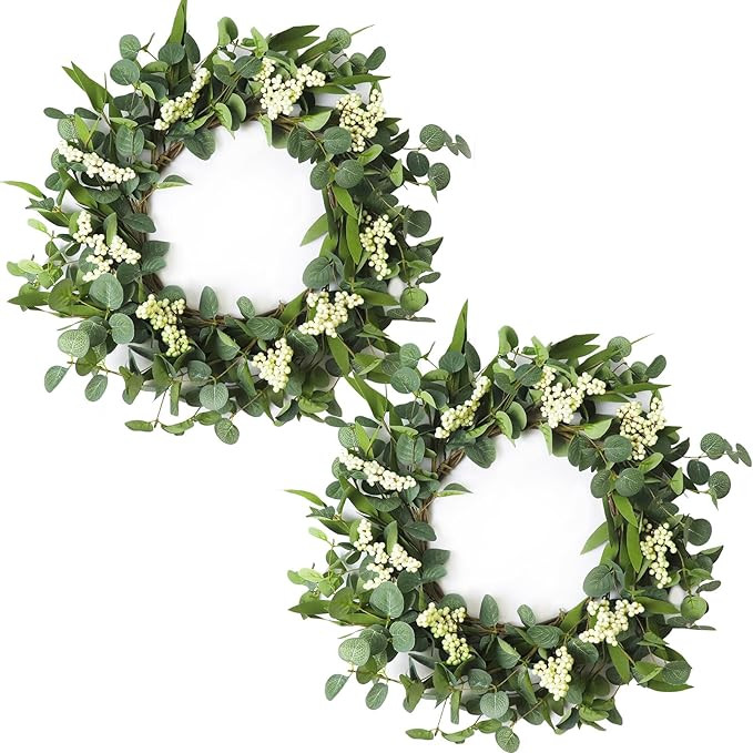 Wreaths for Front Door, 20" Artificial Eucalyptus Wreath with White Berry for Front Door Window P... | Amazon (US)