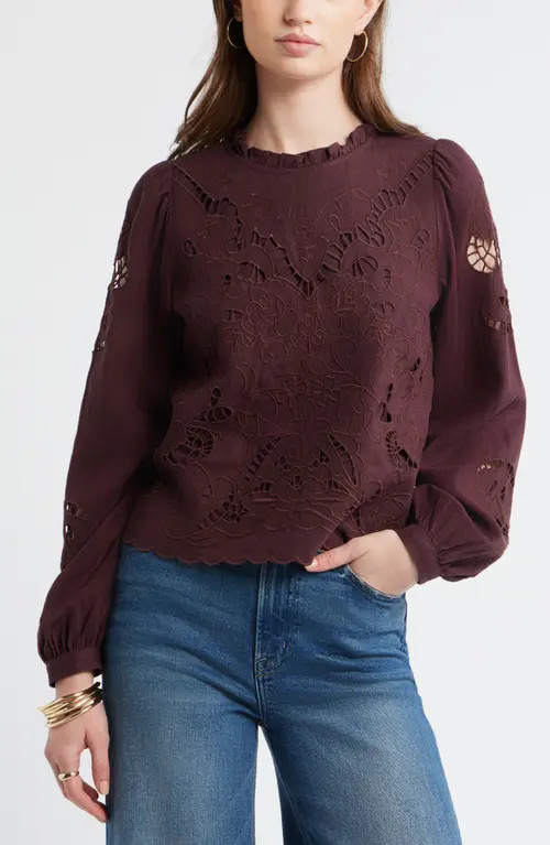 Treasure & Bond Open Floral Cutwork Linen Blend Top in Burgundy Fudge at Nordstrom, Size X-Large | Nordstrom