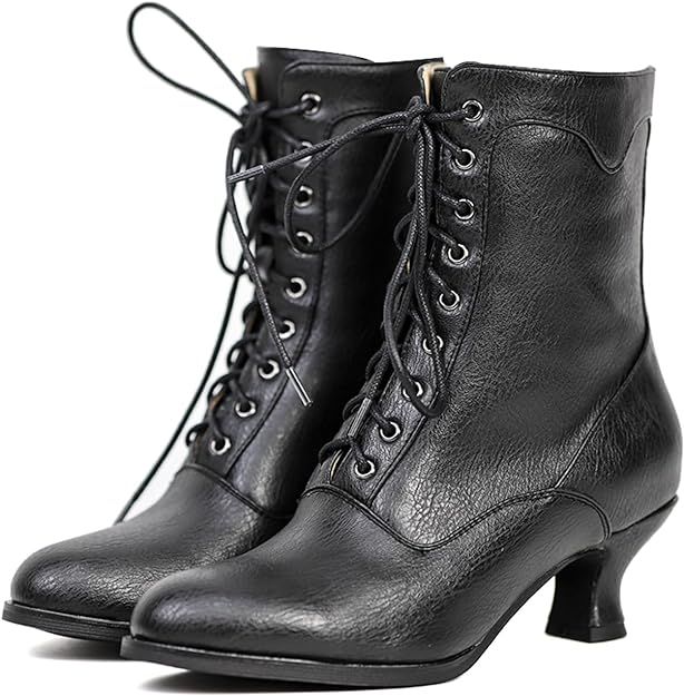 Women's Ankle Boots Victorian Boots Mid Calf Boots Round Toe Black Boots Chunky Heel Lace Up Witc... | Amazon (US)