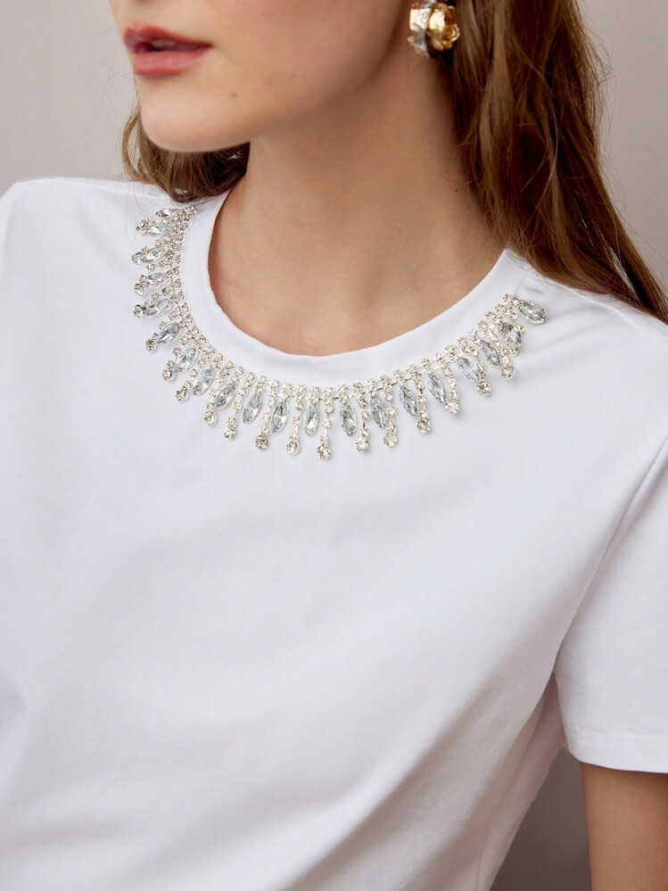 PREMIUM RHINESTONE DETAIL SHORT SLEEVE TEE | SHEIN