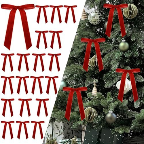 Senjie 24Pcs Christmas Velvet Bows for Tree, Vintage Ribbon Bows Ornaments for Garland Wreath Gif... | Amazon (US)